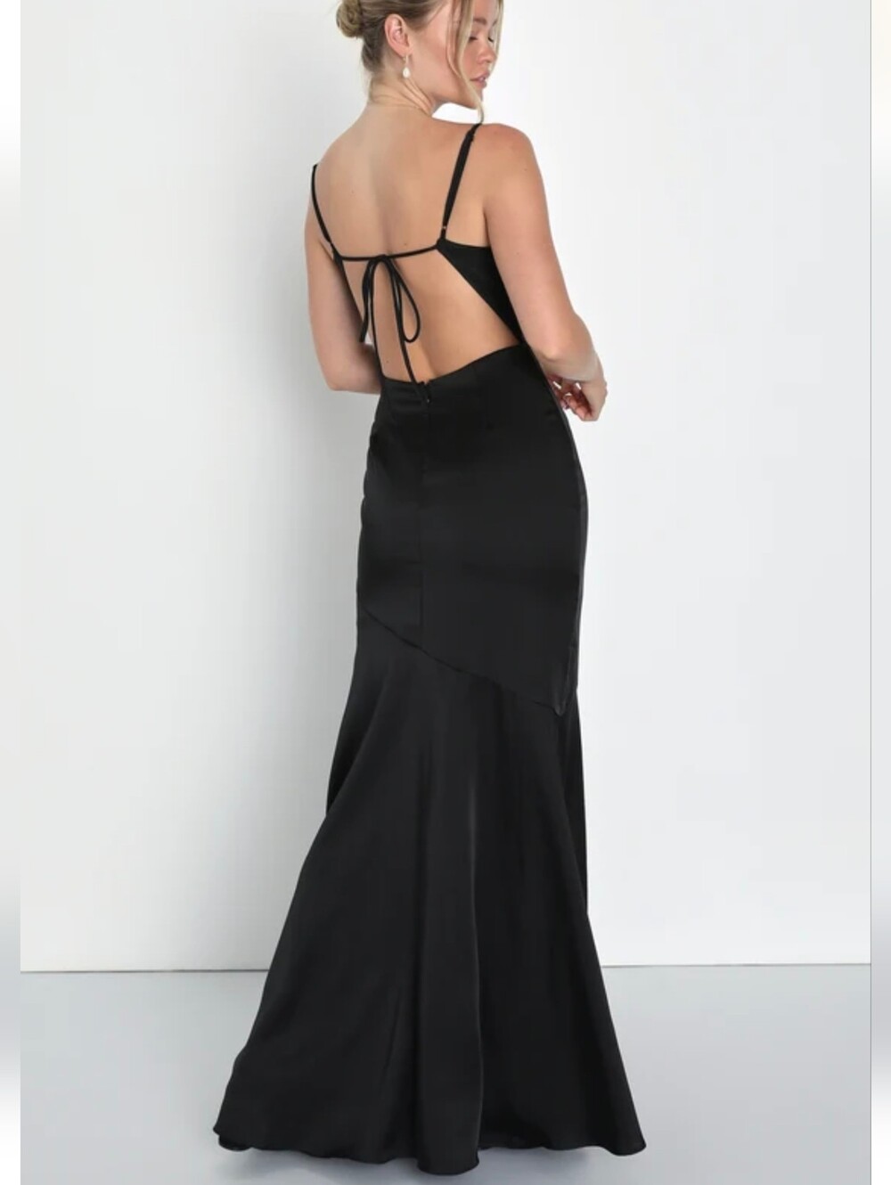 Lulu's Gala Glamour Black Satin Backless Mermaid Maxi Dress